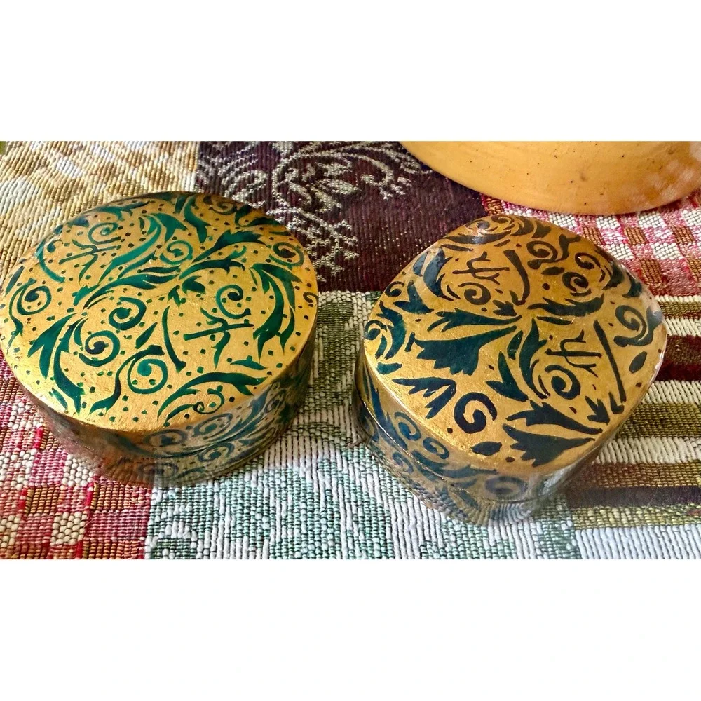 Vintage Hand-Painted Paper Mache Trinket Boxes: Gold Green Floral Scroll